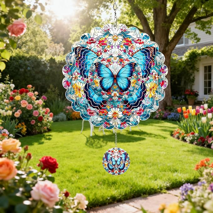 MXJSUA Blue Butterfly Wind Spinners for Indoor Outdoor Garden Decoration, 12 Inch Flowers Stainless Steel Hanging Wind Spinners Ornaments Crafts for Gifts