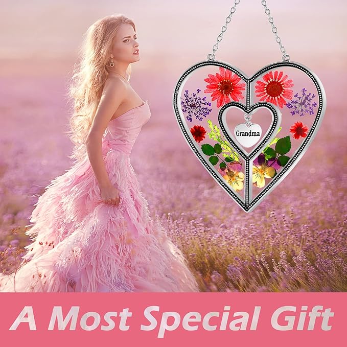 KY&BOSAM Grandma Heart Suncatcher Grandma Gifts Staiend Glass Wind Chimes for Outside Pressed Flower Colorful Heart Suncatchers Outdoor for Garden Windows Indoor Home Trees Patio Yard Porch Decor