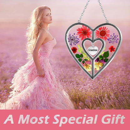 KY&BOSAM Grandma Heart Suncatcher Grandma Gifts Staiend Glass Wind Chimes for Outside Pressed Flower Colorful Heart Suncatchers Outdoor for Garden Windows Indoor Home Trees Patio Yard Porch Decor