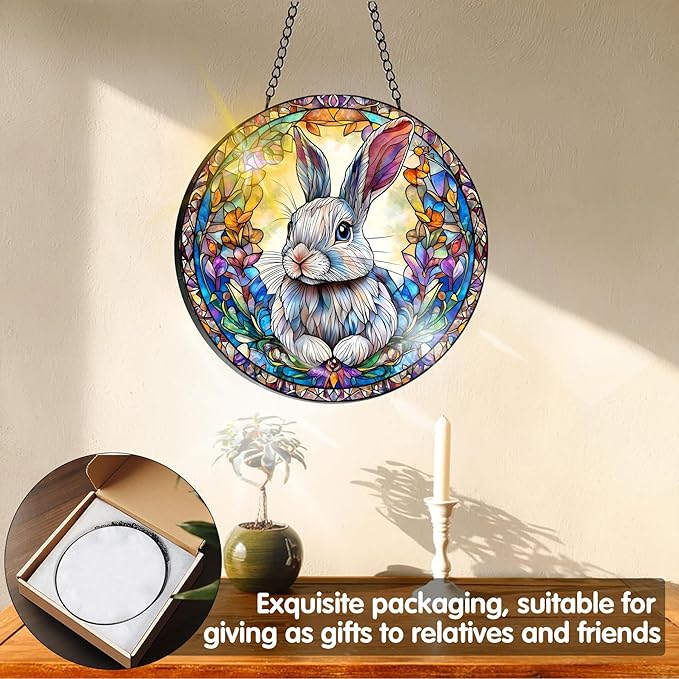 VAIIEYO Rabbit Sun Catcher Stained Glass Window Hanging Ornament, Handmade Sun Catcher Animal Decoration with Hooks for Window Garden Home, Mother's Day & Birthday Housewarming Gift (7.8 inch)