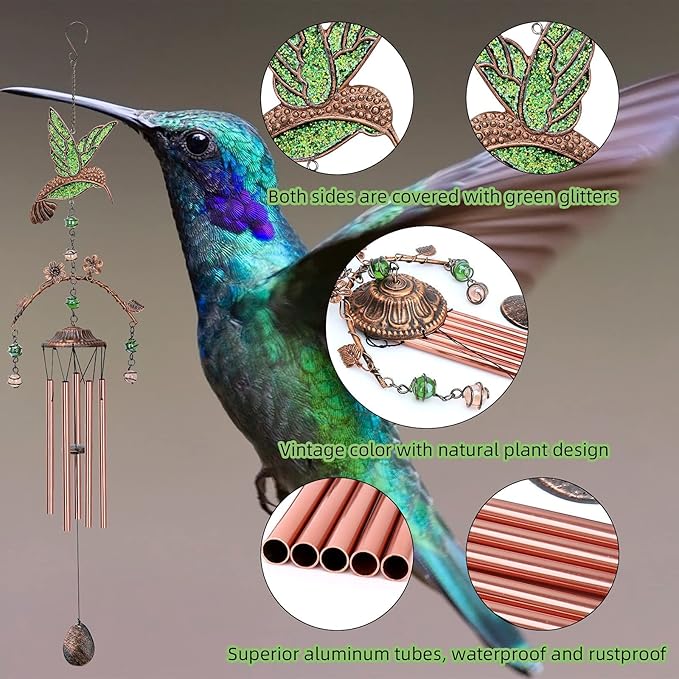 Wind Chimes - Green Hummingbird Wind Chimes for Outside Deep Tone 34 inches 5 Aluminum Tubes, Birthday, Memorial, Hummingbird Gifts for Mom, Grandma, Decorations for Home, Garden, Patio, Backyard