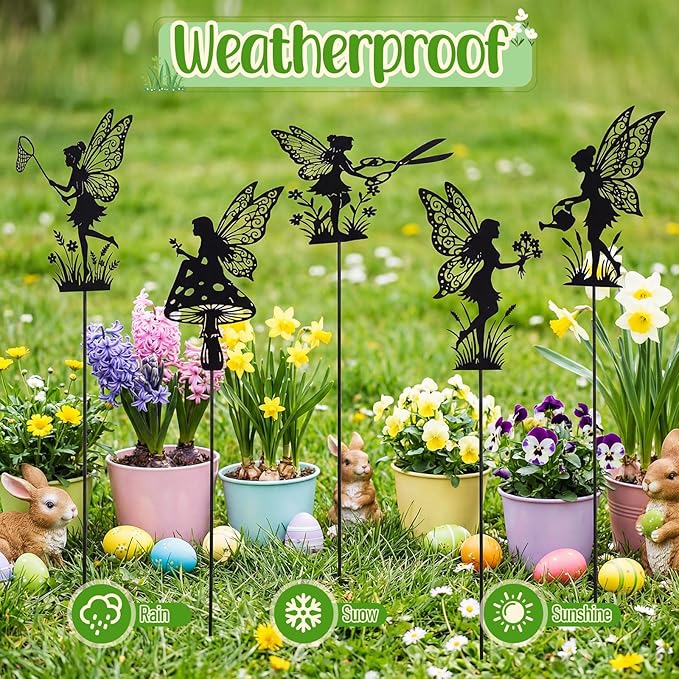 Novabright 5 Pcs Decorative Garden Stakes Metal Fairy Silhouette Set Stakes Outdoor Yard Art Decor Fairy Garden Sign for Lawn Flower Bed Planter Pot Landscaping (Black)