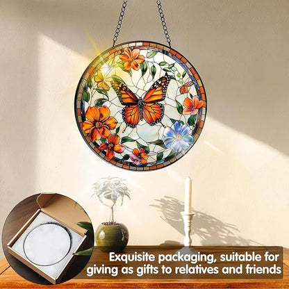 VAIIEYO Butterfly Sun Catcher Stained Glass Window Hanging Ornament, Handmade Sun Catcher Flower Decoration with Hooks for Window Garden Home, Mother's Day & Birthday Housewarming Gift (7.8 inch)