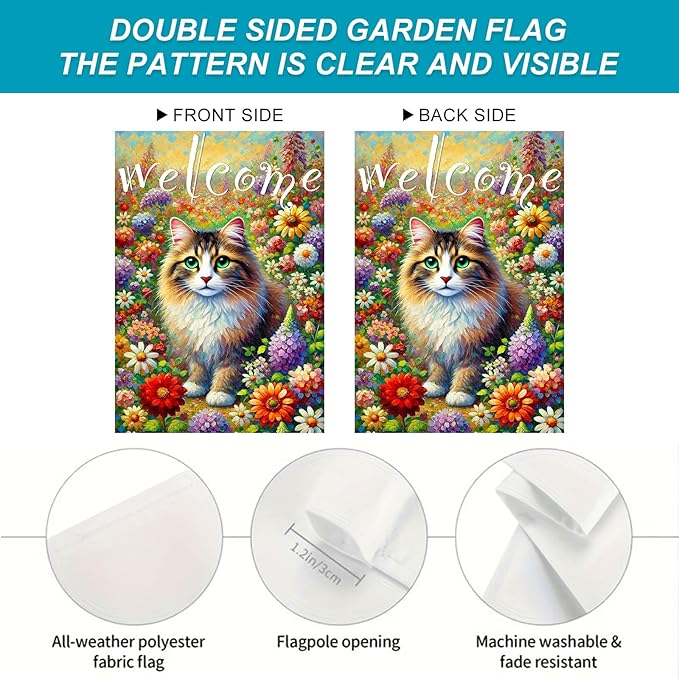 BlissYard Spring Welcome Cat Garden Flag Double Sided 12x18 Inch Tabby Cat Garden Flag Funny Floral Tulip Cats Flags Vertical Farmhouse Welcome Yard Spring Summer Seasonal Outdoor Porch Decor