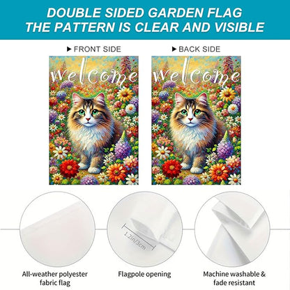 BlissYard Spring Welcome Cat Garden Flag Double Sided 12x18 Inch Tabby Cat Garden Flag Funny Floral Tulip Cats Flags Vertical Farmhouse Welcome Yard Spring Summer Seasonal Outdoor Porch Decor