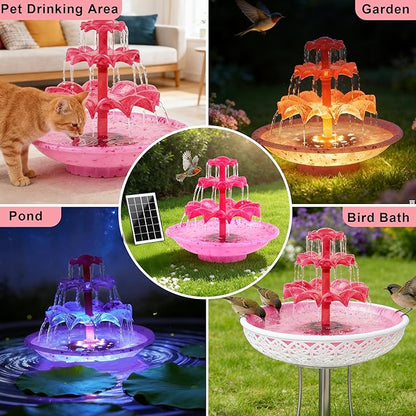 3.5W Solar Fountain Pump for Bird Bath, 3-Tier Red Solar Water Pump with 8 LED Lights, 32.8FT Power Cord and Adapter Included, Dual-Powered for 24/7 Use for Garden, Pond, Pool, Fish Tank and Lawn