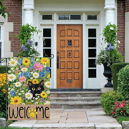 Louise Maelys Spring Summer Garden Flag Floral Daisy Black Cat Double Sided 12x18 Inch Seasonal Welcome Small Burlap Holiday Yard Sign Outdoor Outside Home Decoration