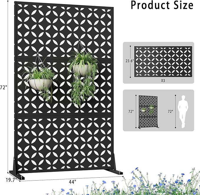 Metal Privacy Screen for Outdoor Freestanding Privacy Screens, 72" H x 44" W Decorative Privacy Wall Panels with Stand, Patio Balcony Screens for Outside Outdoor Divider Deck Porch Garden and Indoor