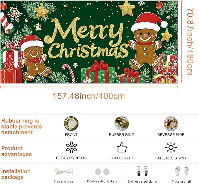 IVN Merry Christmas Garage Door Banner 13x6ft Festive Backdrop Gingerbread Cookie Gifts Green Photo Prop Background for Joyful Holiday Yard Door Cover Background Outdoor Winter Scene