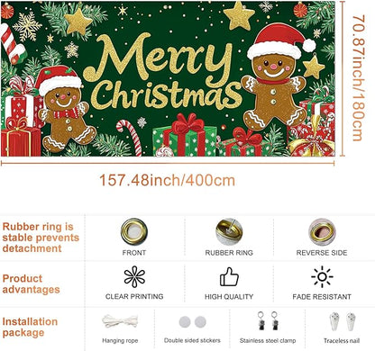 IVN Merry Christmas Garage Door Banner 13x6ft Festive Backdrop Gingerbread Cookie Gifts Green Photo Prop Background for Joyful Holiday Yard Door Cover Background Outdoor Winter Scene