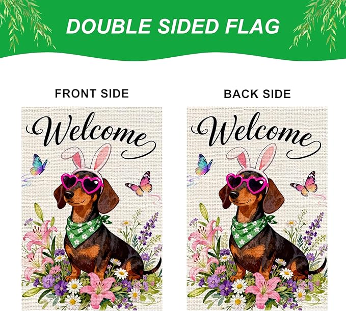 IVN Spring Dachshund Garden Flag 12x18 Welcome Dog Bunny Ears Heart Sunglasses Floral Wildflowers Spring Butterflies Watercolor Double Sided Burlap Yard House Flag Seasonal Outdoor Decoration for Outside Home Front Door Lawn Porch Patio Welcome Summer ...