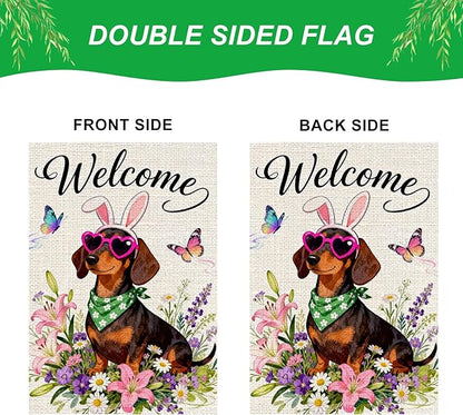 IVN Spring Dachshund Garden Flag 12x18 Welcome Dog Bunny Ears Heart Sunglasses Floral Wildflowers Spring Butterflies Watercolor Double Sided Burlap Yard House Flag Seasonal Outdoor Decoration for Outside Home Front Door Lawn Porch Patio Welcome Summer ...