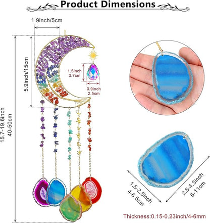 Yoption Moon Tree of Life Agate Slice Wind Chime, Handmade 7 Chakra Healing Crystal Stone Wind Chime for Home Wall Garden Decorative Ornament, Unique Gift