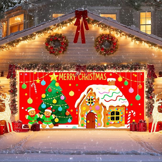IVN Merry Christmas Garage Door Banner 13x6ft Gingerbread House Christmas Tree Candy Decoration Outdoor Winter Photo Prop for Holiday Yard Garage Door Scene