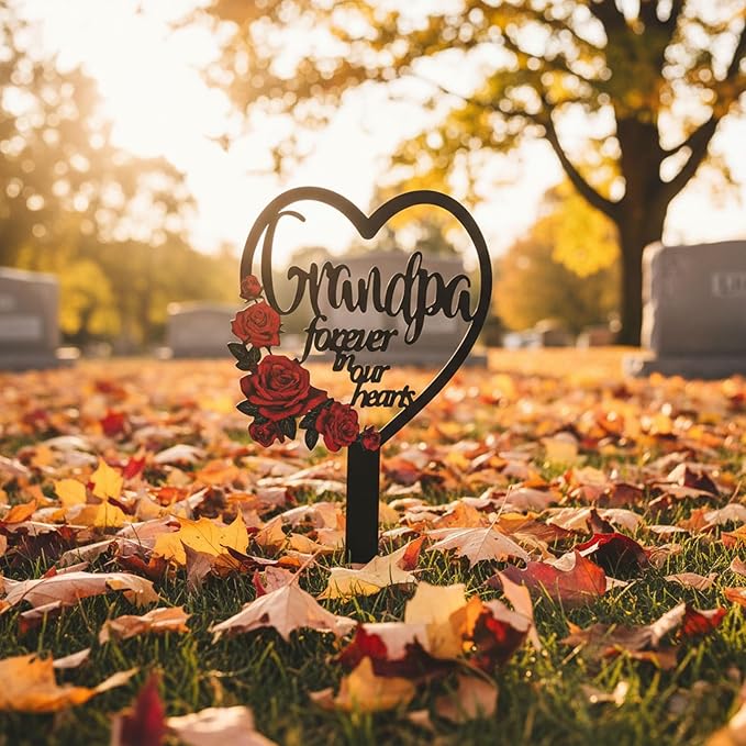 AIM & GGKK Memorial Stake for Grandpa - Metal Heart Grave Marker with Red Roses, Memorial Plaque Cemetery Decor for Grave, Garden, Gravesite