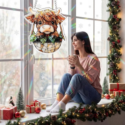 Yalikop 6 Inch Highland Cow Suncatcher Decor Faux Stained Glass Window Hanging Ornament Acrylic Highland Cow Gifts for Animals Lovers Home Garden Farmhouse Decoration