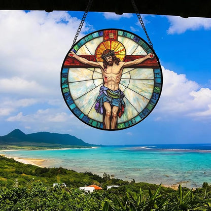 DASTOLL Christian Gifts for Women - Cross Passion of Jesus Stained Glass Window Hanging Easter Sun Catcher Garden Religion Decor Mother's Day Catholic Gift for Men Grandma Nana Her Mom 11.8"