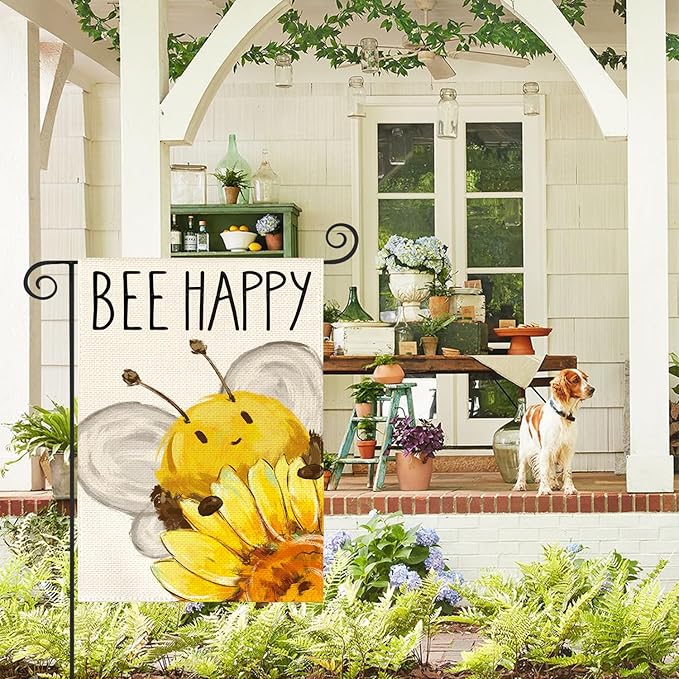 AVOIN colorlife Summer Bee Happy Garden Flag 12x18 Inch Double Sided Outside, Sunflower Party Holiday Burlap Yard Outdoor Decoration