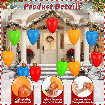 24 Pcs 10 Inch Inflatable Christmas Light Bulbs Ornaments Inflatable Christmas Ball Decorations Xmas Large Blow up Light Bulb Outdoor Indoor for Yard Lawn Tree Hanging Porch Garden Home