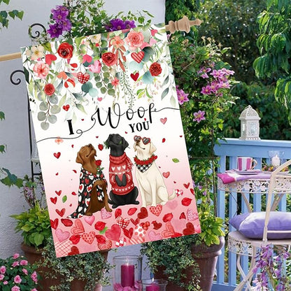 Dog Valentine House Flag 28 x 40 Double Sided Valentines Day Outdoor Decorations White Black Lab Garden Signs Chocolate Labrador Love Heart Yard Banner for Outside