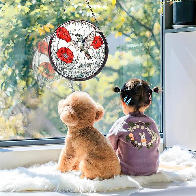 Stained Glass Window Hanging, Hummingbird and Red Flowers Sun Catcher for Door Garden Kitchen Home Decor, Suncatchers for Christmas Mother's Day Birthday Gifts for Bird Lovers Women Men Mom 11.8 in