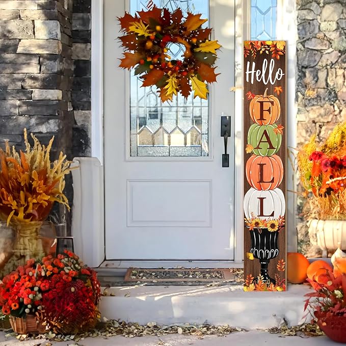 Fall Porch Sign, Hello Pumkpkin Sign for Front Porch, 3 Pumpkins Wooden Sign Yard, Vertical Wood Sign Standing for Patio Front Door Porch, Autumn Home Party Entryway Yard Wall Decor Indoor Outdoor, 47x8 inch