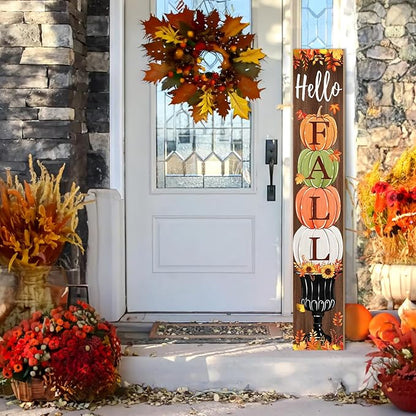 Fall Porch Sign, Hello Pumkpkin Sign for Front Porch, 3 Pumpkins Wooden Sign Yard, Vertical Wood Sign Standing for Patio Front Door Porch, Autumn Home Party Entryway Yard Wall Decor Indoor Outdoor, 47x8 inch