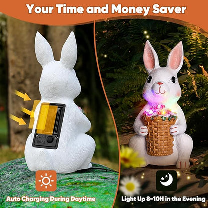 Brightever Solar Powered Garden Statues- Bunny Figurines for Spring & Mother's Day, Outdoor Rabbit Statue with Colorful LED Lights for Patio, Balcony, Lawn, Birthday Gifts for Women, Mom, Female