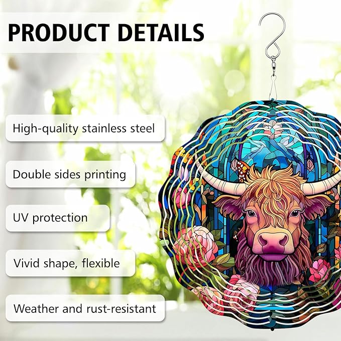 Highland Cow Wind Spinner, Highland Cow Stained Glass Wind Spinner, Wind Sculpture Highland Cow Wind Spinners for Garden Patio Yard Decor