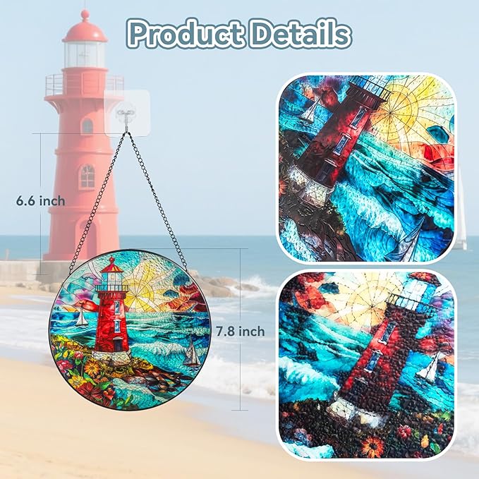 Suncatcher Stained Glass Window Hanging - Lighthouse Glass Panel with Metal Chain and Hooks Handmade Sun Catcher Decoration for Window Garden Home Christmas & Birthday Gifts (7.8 Inch)