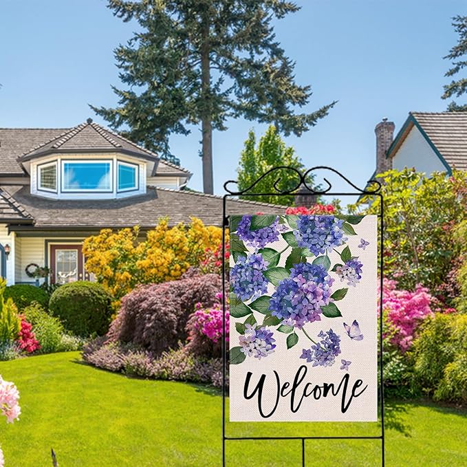 Welcome Spring Hydrangea Decorative House Flag, Purple Floral Flowers Butterfly Garden Yard Outside Decorations, Summer Farmhouse Outdoor Large Home Decor Double Sided 28 x 40