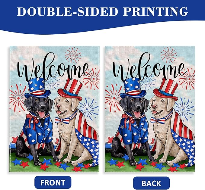Welcome 4th of July Dog Patriotic Decorative House Flag, Black Labrador Pet Firework Garden Yard Outside Decoration, American Summer Outdoor Large Home Decor Dog Lover Gifts Double Sided 28x40