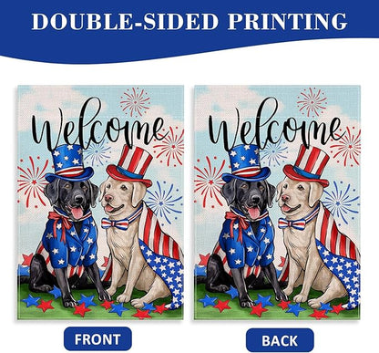 Welcome 4th of July Dog Patriotic Decorative House Flag, Black Labrador Pet Firework Garden Yard Outside Decoration, American Summer Outdoor Large Home Decor Dog Lover Gifts Double Sided 28x40