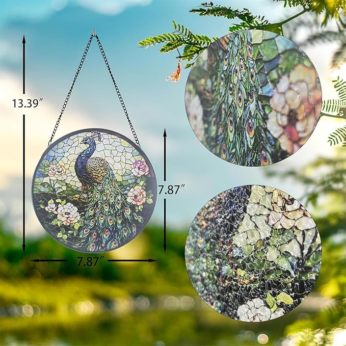 Stained Glass Sun Catcher,Peacock Glass Window Hanging Garden Decor,Sun Catchers Indoor Window,Whimsical Decoration for Home Backyard Patio Lawn Porch with 6.3 INCH