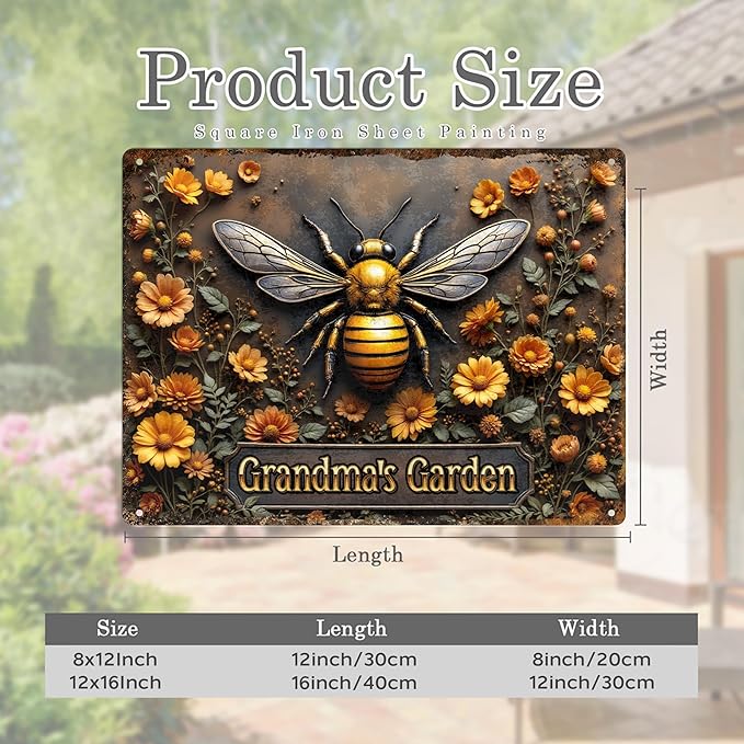 Custom Garden Signs Personalized Metal Tin Sign for Women, Bee Metal Sign for Outdoor, Yard Rustic Home Decor Gift for Mothers Day, Grandmas, and Gardening Lovers