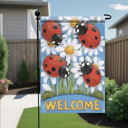 Spring Summer Garden Flag 12x18 Inch Ladybug Welcome Daisy Floral Design Outdoor Yard Porch Lawn Garden for Seasonal Farmhouse Country Home Decor