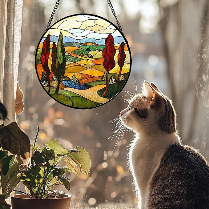 Stained Glass Window Hanging Fall Farm Mountain Landscape 6.3" - Orange Suncatcher Door Garden Sun Catcher Home Decor Birthday Christmas for Mom Men Woman Nana