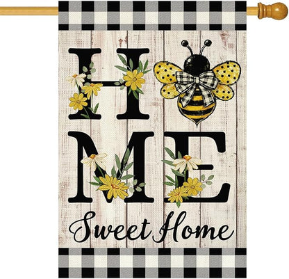 ORTIGIA Home Sweet Home Bee House Flag Double Sided 28x40 Inch, Spring Summer Yellow Flower Buffalo Plaid Check Large Yard Flag Burlap Farmhouse Rustic Outside Outdoor Lawn Patio Decor