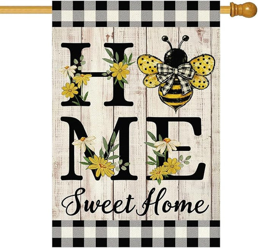 ORTIGIA Home Sweet Home Bee House Flag Double Sided 28x40 Inch, Spring Summer Yellow Flower Buffalo Plaid Check Large Yard Flag Burlap Farmhouse Rustic Outside Outdoor Lawn Patio Decor