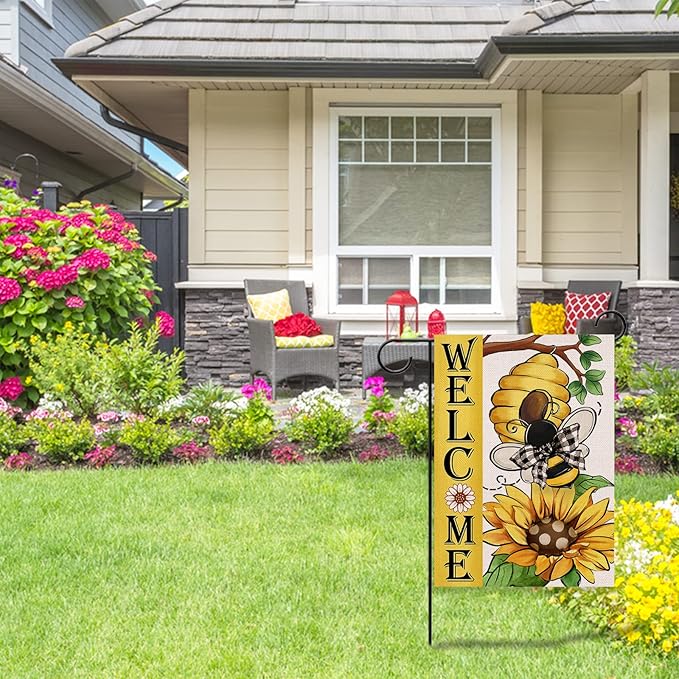 Welcome Spring Summer Bumble Bee Sunflower Decorative Garden Flag, Flower Honeycomb Yard Outside Decorations, Buffalo Plaid Bow Burlap Farmhouse Outdoor Small Home Decor Double Sided 12 x 18