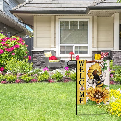 Welcome Spring Summer Bumble Bee Sunflower Decorative Garden Flag, Flower Honeycomb Yard Outside Decorations, Buffalo Plaid Bow Burlap Farmhouse Outdoor Small Home Decor Double Sided 12 x 18