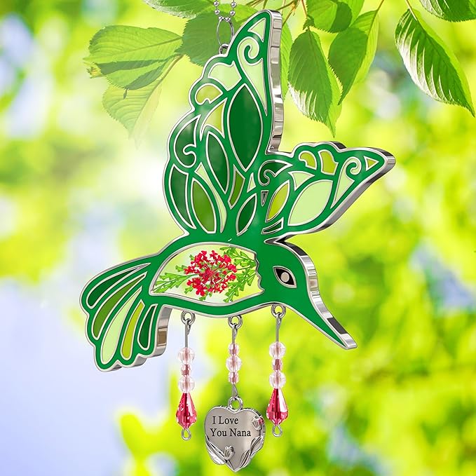 KY&BOSAM I Love You Nana Hummingbird Suncatcher Glass Suncatchers for Windows Hanging Ornament Wind Chime Pressed Drived Flowers and Metal Heart Charm Birthday Gifts for Nana Mothers Day Christmas