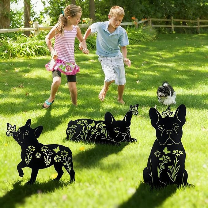 French Bulldog Decorative Garden Stakes Gifts Lager Size, 3PCS Metal Dog Play with Butterflies Garden Statues Decor for Outside for Yard, Patio, Lawn Decorations, Outdoor Decor Yard Art