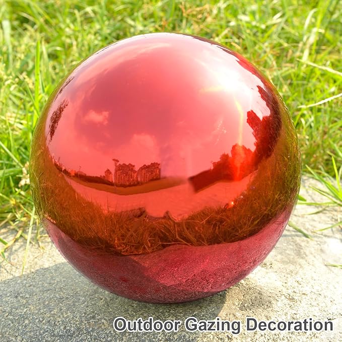 Nerien 12 Inch Gazing Ball, Stainless Steel Garden Mirror Globe, Polished Ornament Sphere, Hollow Floating Reflective Hemisphere, Home Outdoor Pond Housewarming Swimming Pool Decoration Gift, Red