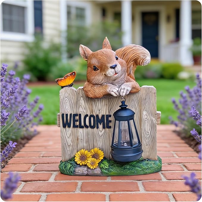 Garden Squirrel Welcome Sign with Solar Lantern, Decorative Outdoor Statue for Porch, Patio or Garden with Butterfly and Sunflowers