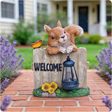 Garden Squirrel Welcome Sign with Solar Lantern, Decorative Outdoor Statue for Porch, Patio or Garden with Butterfly and Sunflowers