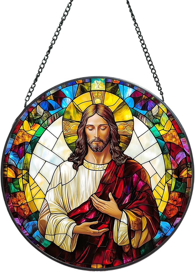 Suncatcher Stained Glass Window Hanging - Jesus Christ Glass Panel with Metal Chain and Hooks Handmade Sun Catcher Decoration for Window Garden Home Christmas & Birthday Gifts (7.8 Inch)