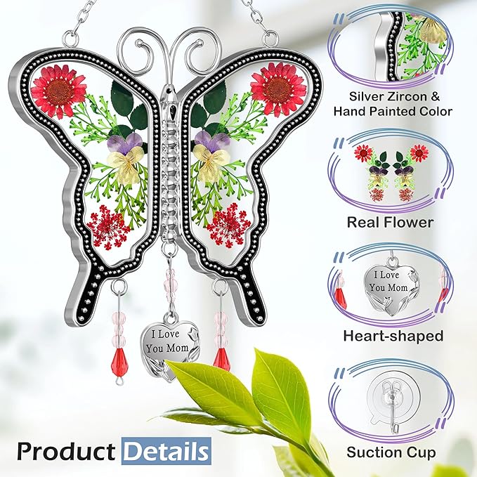 KY&BOSAM Metal Transparent Glass Butterfly Suncatcher with I Love You Mom Engraved Tag Real Preserved Dried Flower Window Hanging Ornament Garden Home Wall Decor Mothers Day Birthday Gift for Mom Nana