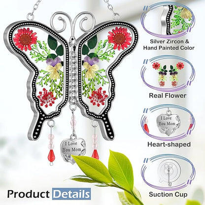 KY&BOSAM Metal Transparent Glass Butterfly Suncatcher with I Love You Mom Engraved Tag Real Preserved Dried Flower Window Hanging Ornament Garden Home Wall Decor Mothers Day Birthday Gift for Mom Nana