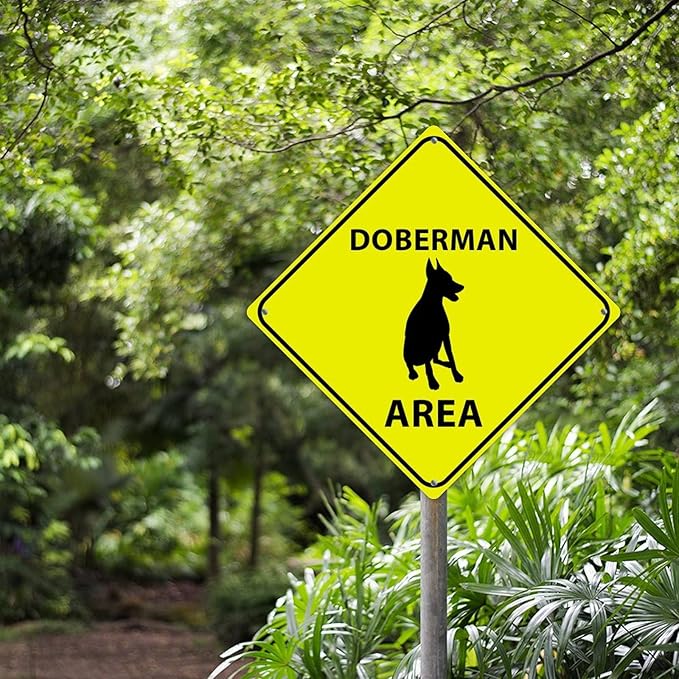Doberman Crossing Xing Sign Beware of Doberman Dog Metal Sign Doberman Funny Warning Sign Crossing Zone Sign for Farm Yard Front Door Indoor Outdoor Street Sign 12x12in